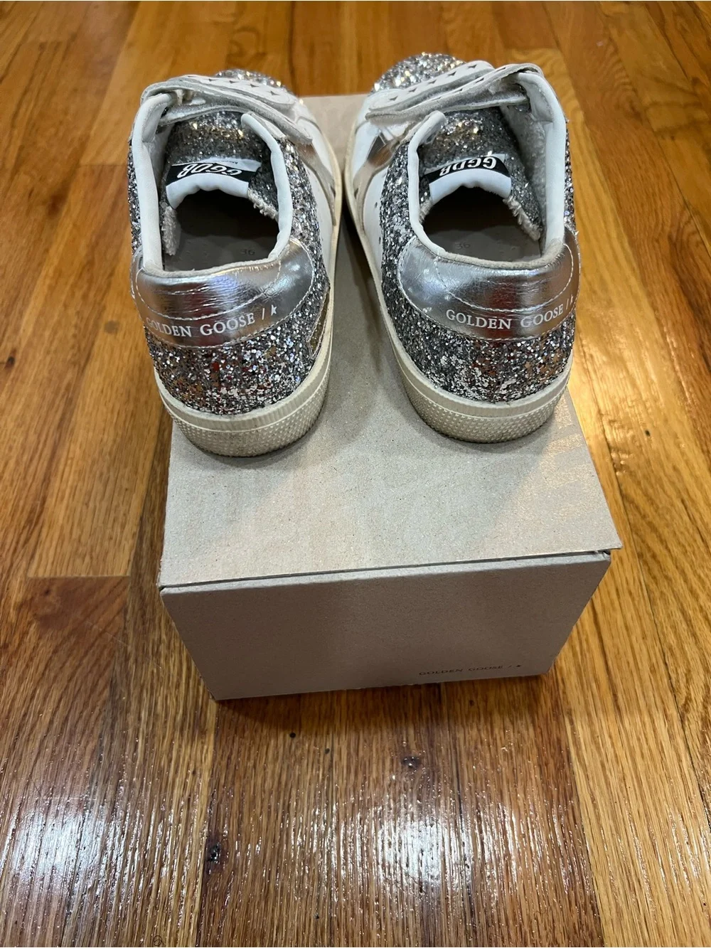 Golden Goose Kids White and Silver Glitter Velcro Sneakers